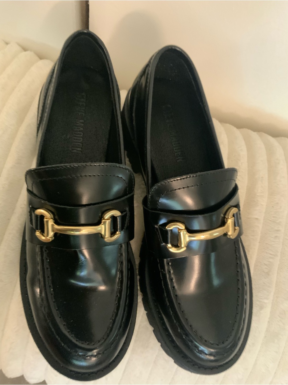Steve Madden Black Leather Loafers with Gold Bit Detail